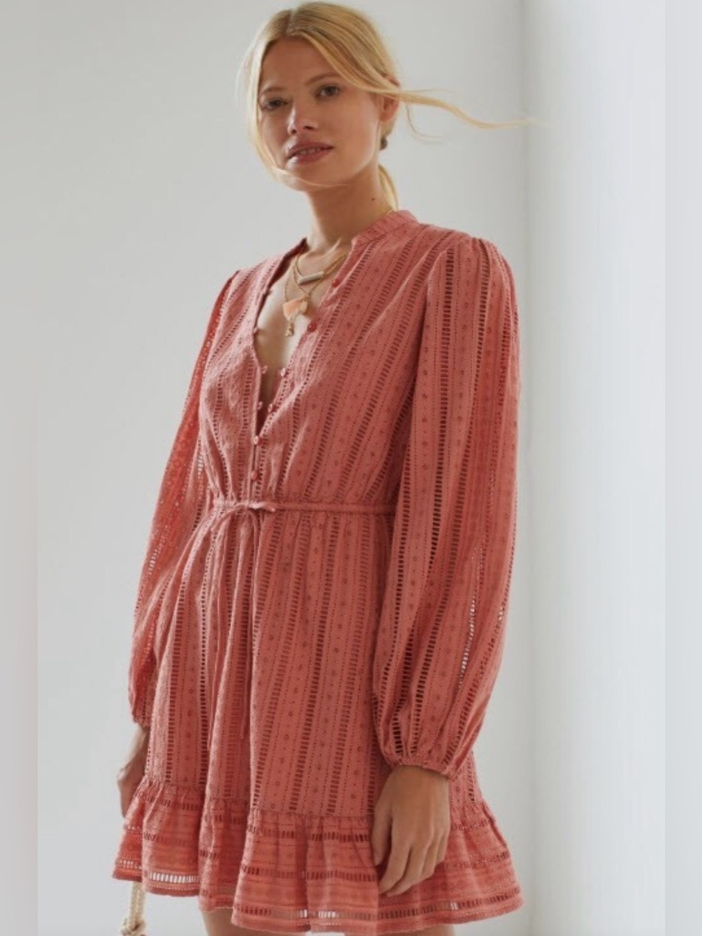 ANTHROPOLOGIE - Forever that Girl - eyelet mini dress in terracotta pink. XL